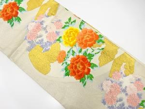 アンティーク　牡丹に菊模様織り出し袋帯(材料)